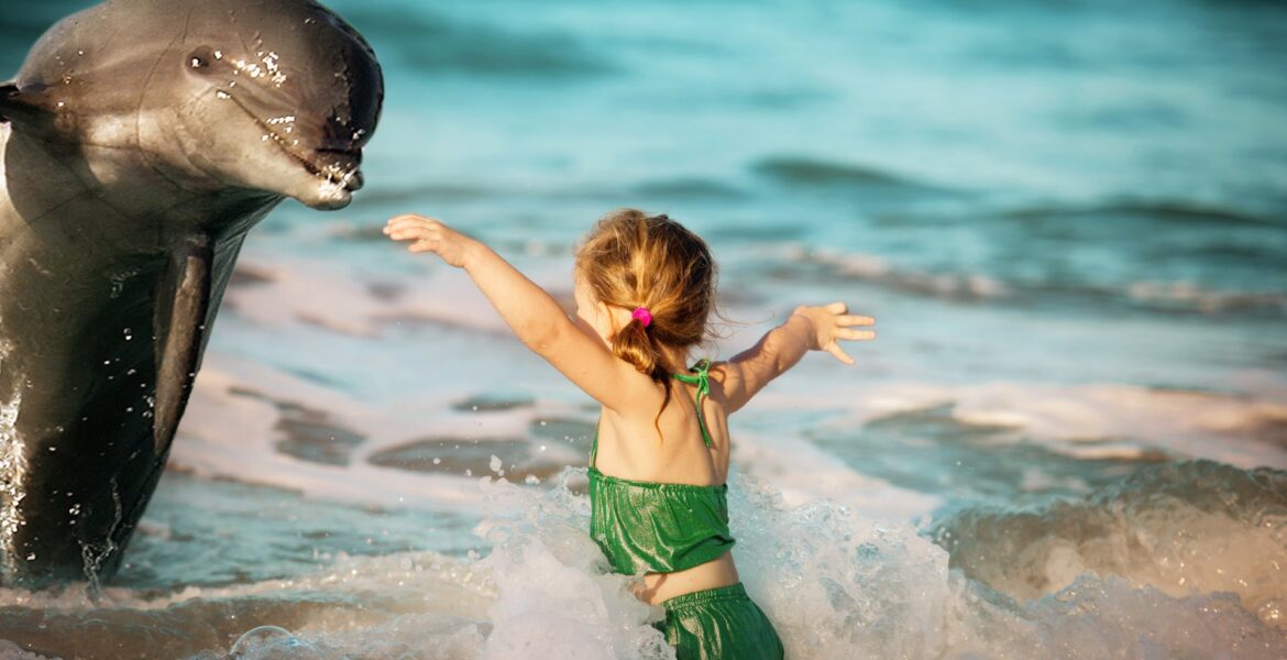 A child playing with a dolphin